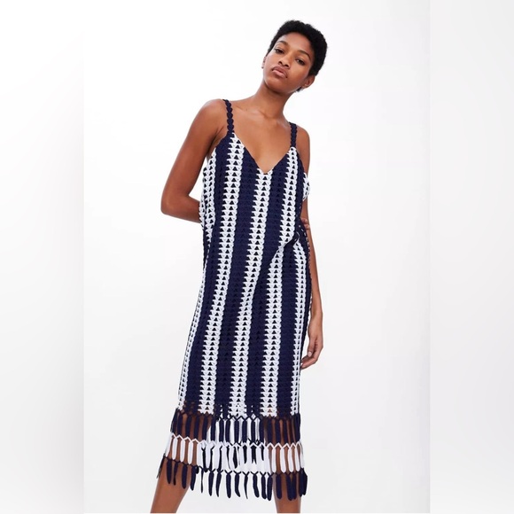 Zara Navy Striped Crochet Midi Dress Blogger Fave - Picture 4 of 6
